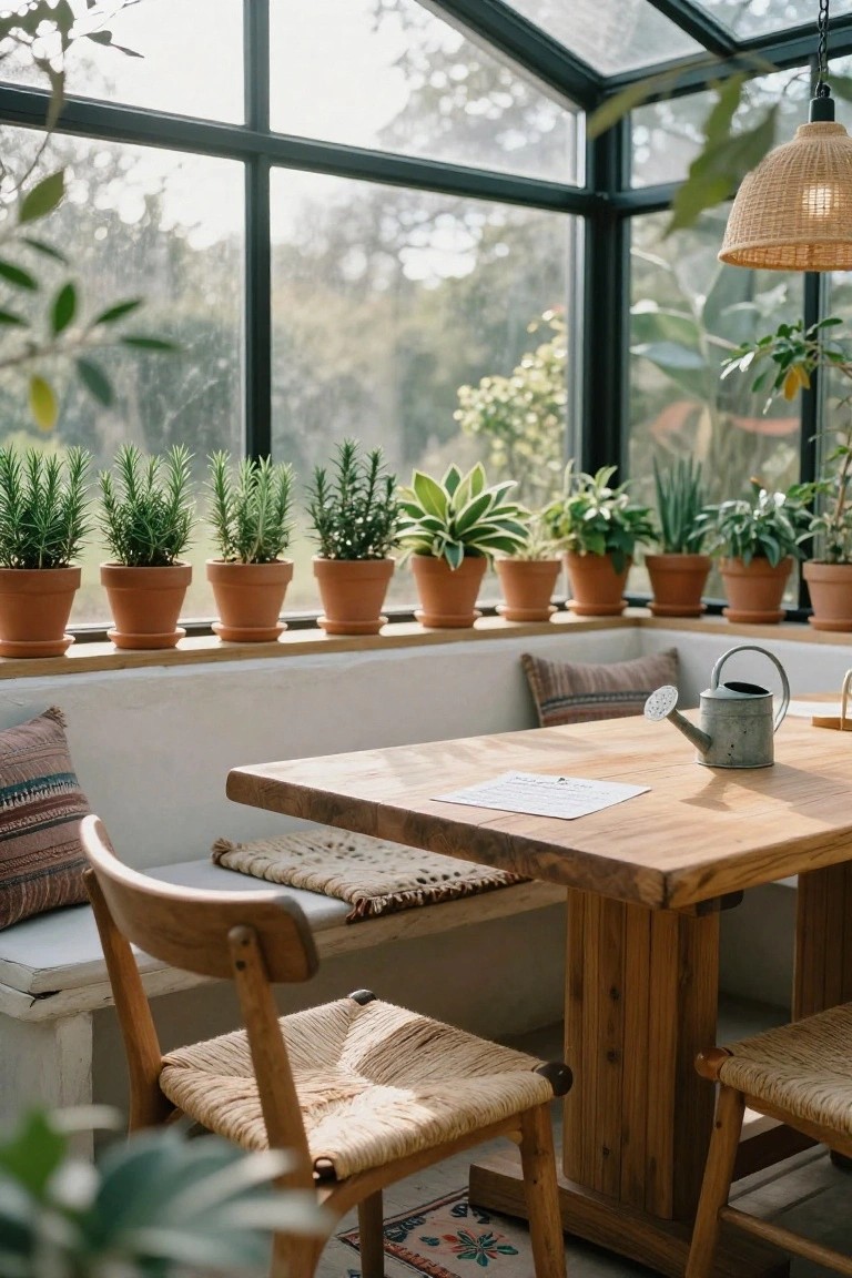 Sunlit conservatory with wooden dining table, rush-seated chairs, built-in bench, row of potted rosemary plants on windowsills, watering can on table, and hanging rattan lamp.
