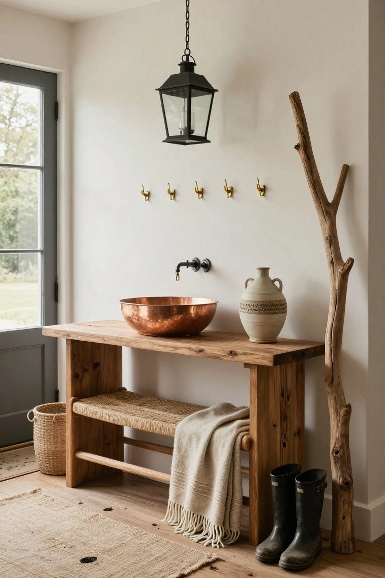 White mudroom with dark wooden console table holding copper bowl sink and faucet, integrated bench with seagrass seat and cream throw, brass hooks on wall, tall driftwood branch, ceramic vase, wicker basket, black rubber boots, and open gray door to outdoors.