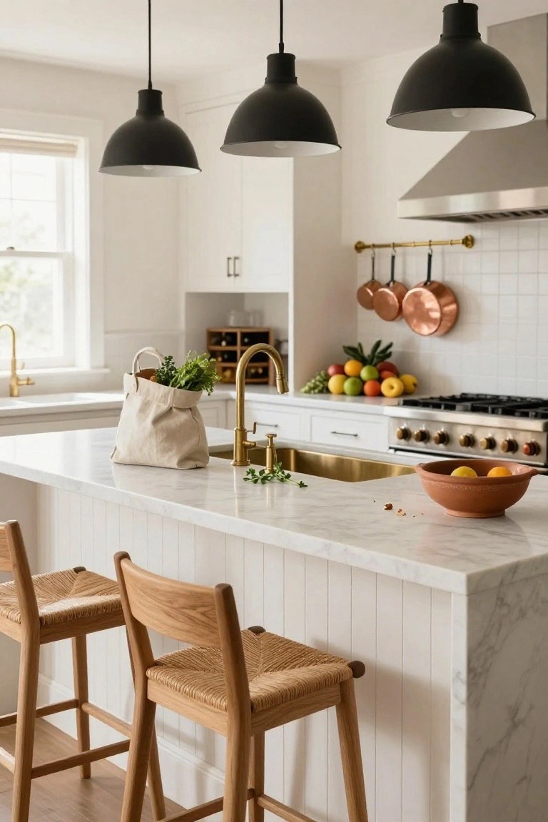 White modern farmhouse kitchen with marble island, two wooden woven bar stools, brass faucet and sink, hanging copper pots, black pendant lights, and bowl of oranges on the counter.