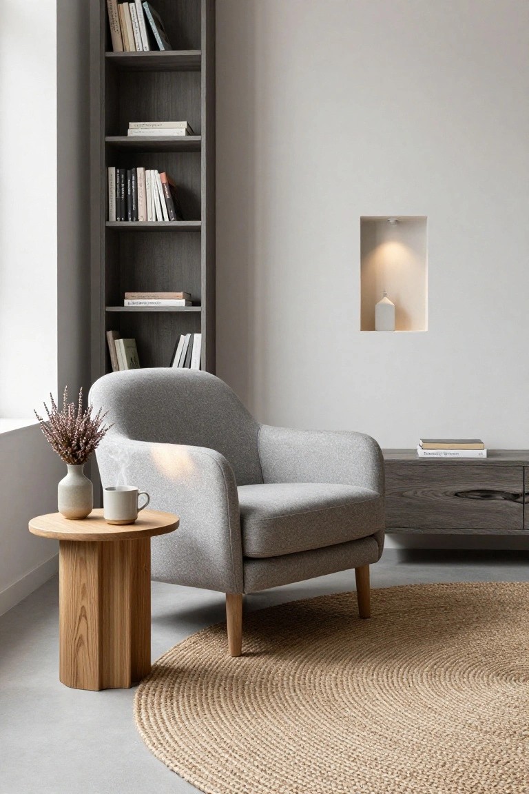 Gray upholstered armchair beside a low oak side table with white coffee cup and vase of dried lavender, next to tall wooden bookshelves filled with books, seagrass rug on concrete floor in light neutral room
