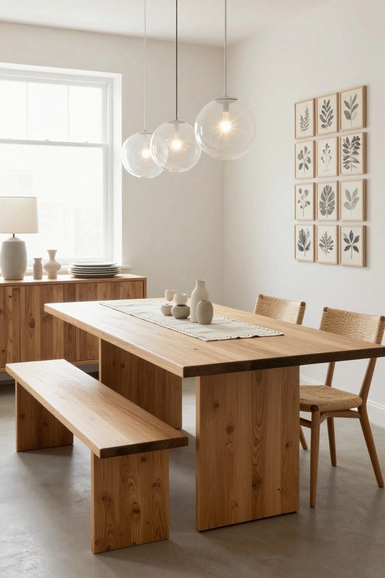 Bright white dining room with rectangular wooden table, matching bench on one side, rattan chairs on the other, wooden sideboard, ceramic vases on table, botanical prints on wall, and pendant lights above.