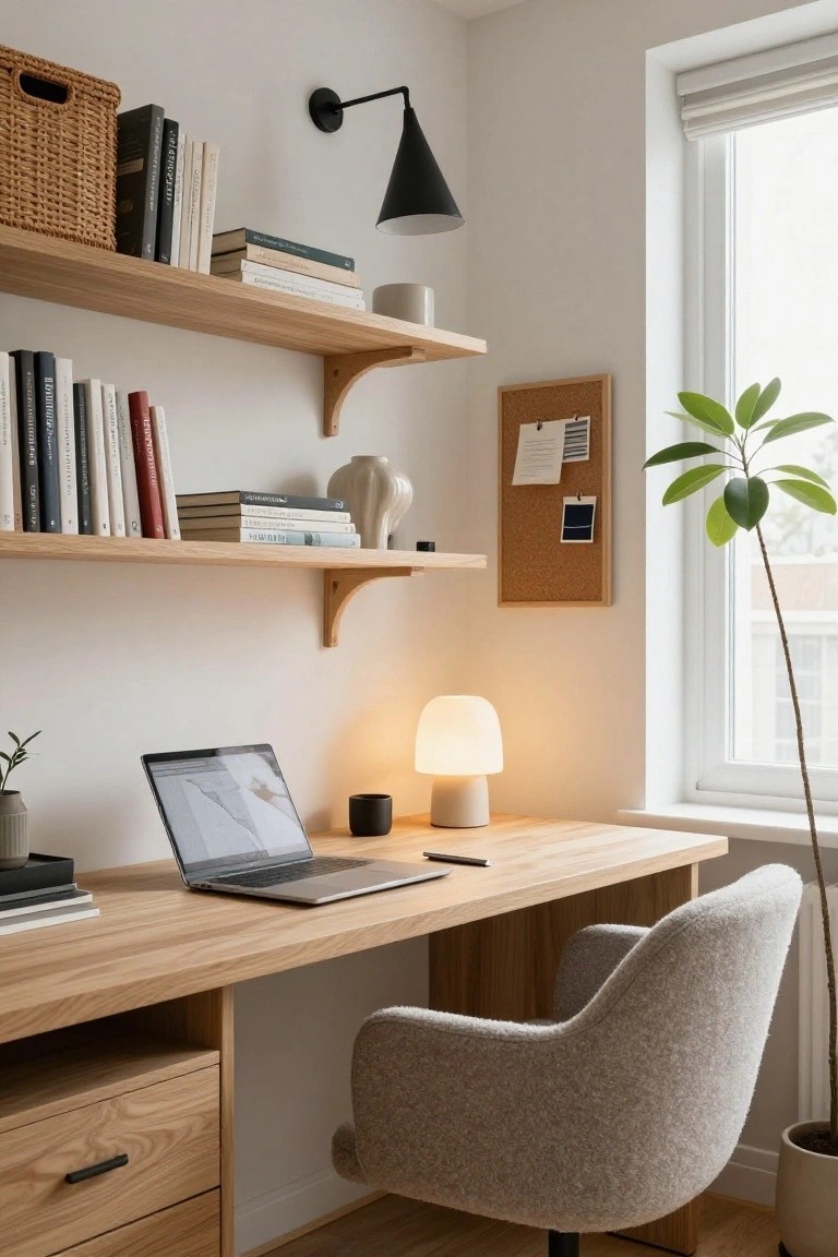 A home office corner with floating oak shelves holding books, baskets, ceramics, and plants above a wooden desk with a laptop, lamp, notebooks, and a gray upholstered chair beside a large window and potted tree.