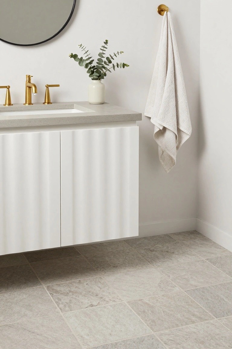 Modern bathroom with white floating vanity featuring fluted doors, concrete countertop and backsplash, gold three-handle faucet, round black-framed mirror, brass towel hook with white towel, eucalyptus in white vase, and light gray tile floor.