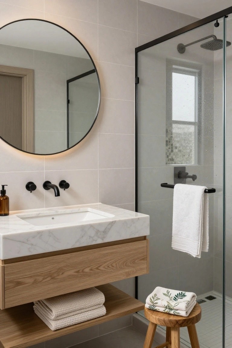 Modern bathroom with round black-framed mirror, light oak floating vanity topped by white marble sink, black matte faucets, glass shower enclosure, white towels, and wooden stool on gray tiled floor.