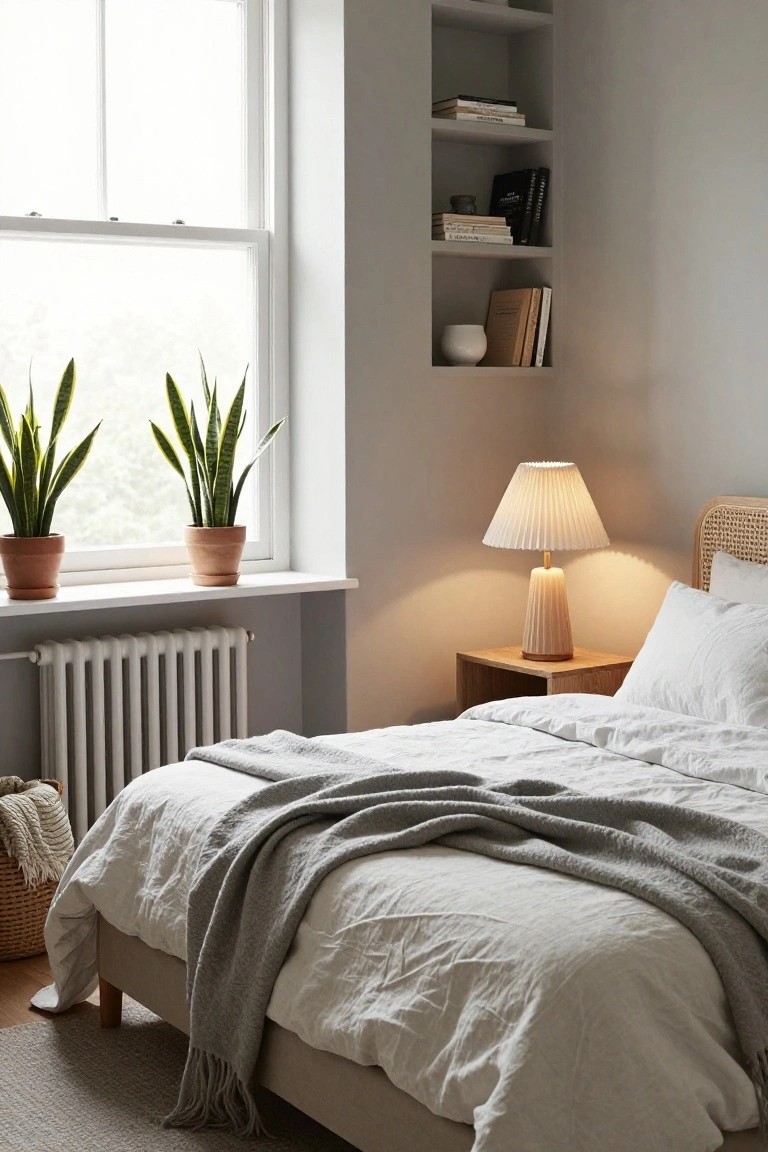 Bedroom with low platform bed covered in white linens and gray knit throw, two tall snake plants in terracotta pots on white windowsill above radiator, built-in wall shelves with books, rattan headboard, wooden bedside table with fabric-shade lamp, neutral gray walls and wood floor.