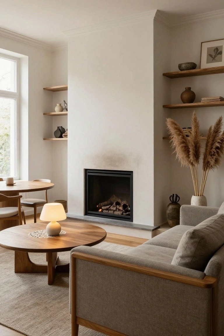 A light neutral living room with white walls, floating wooden shelves holding ceramics and pampas grass, a gas fireplace, beige linen sofa with oak frame, round wooden coffee table, and small wooden dining table by large windows.