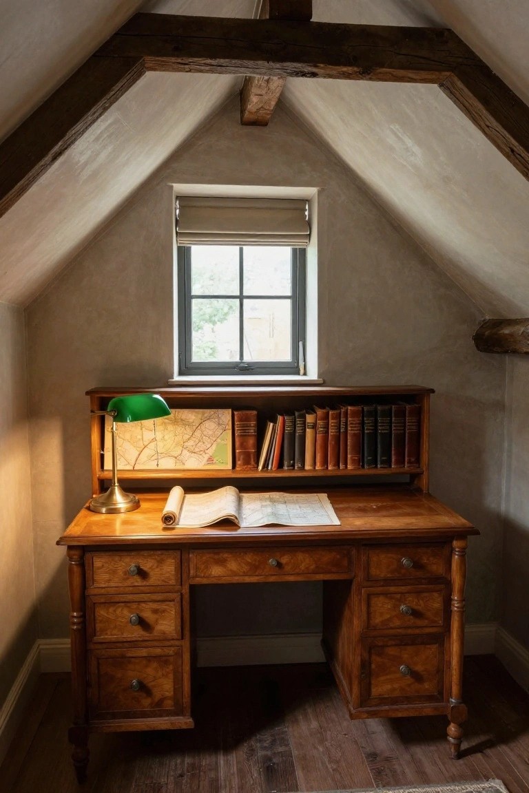 Wooden desk with drawer pedestals, hutch bookshelves holding leather-bound books and maps, green banker's lamp, in attic room with exposed beams, small window, and beige walls.