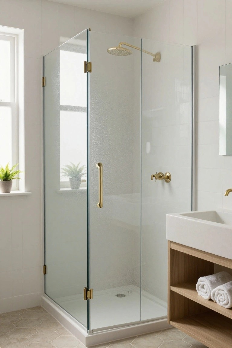 Contemporary bathroom with a hinged clear glass shower enclosure featuring brass showerhead, faucets, and door handles, white tiled walls and shower base, wooden vanity with white towels, and a potted fern plant near a window.
