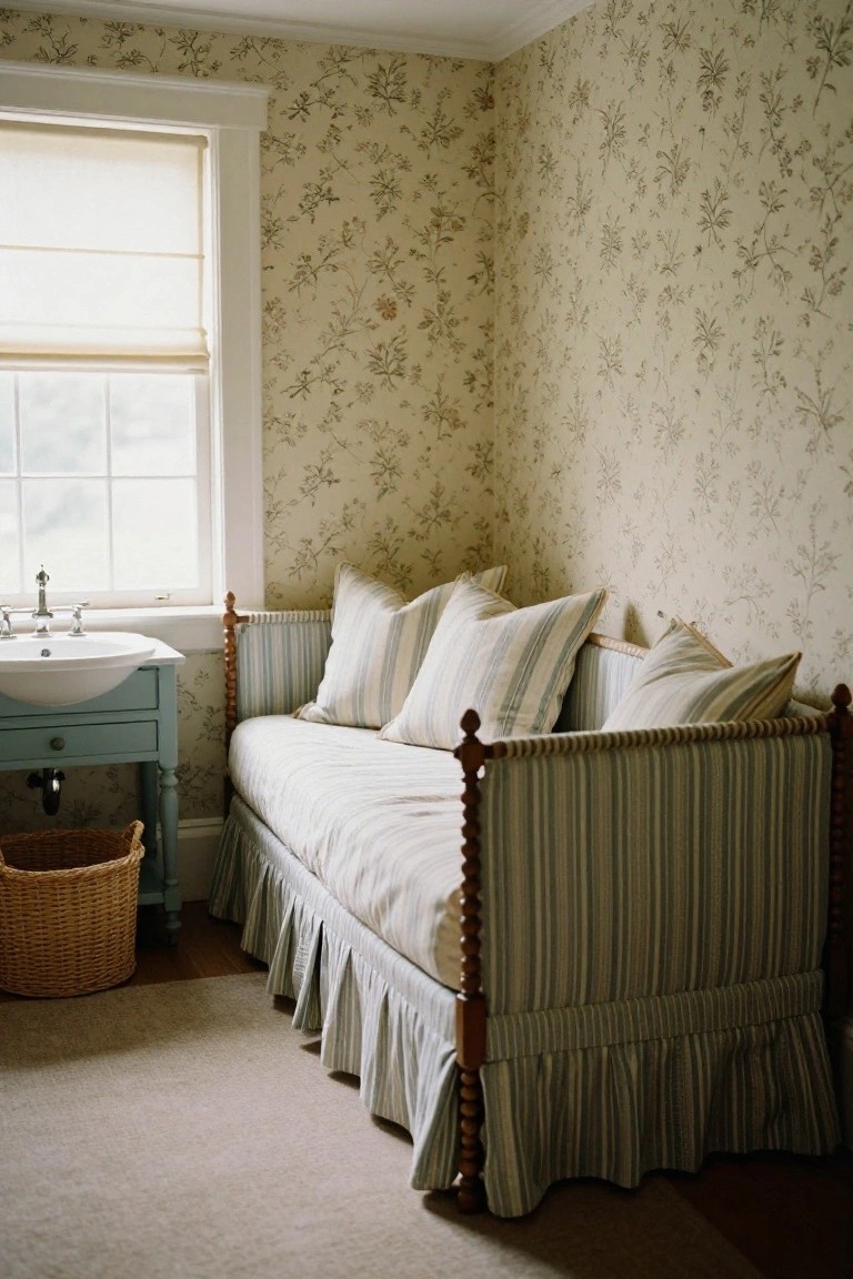 A striped daybed with pillows and skirt in the corner of a small room with beige floral wallpaper, next to a window and a blue sink cabinet with a wicker basket on the floor.