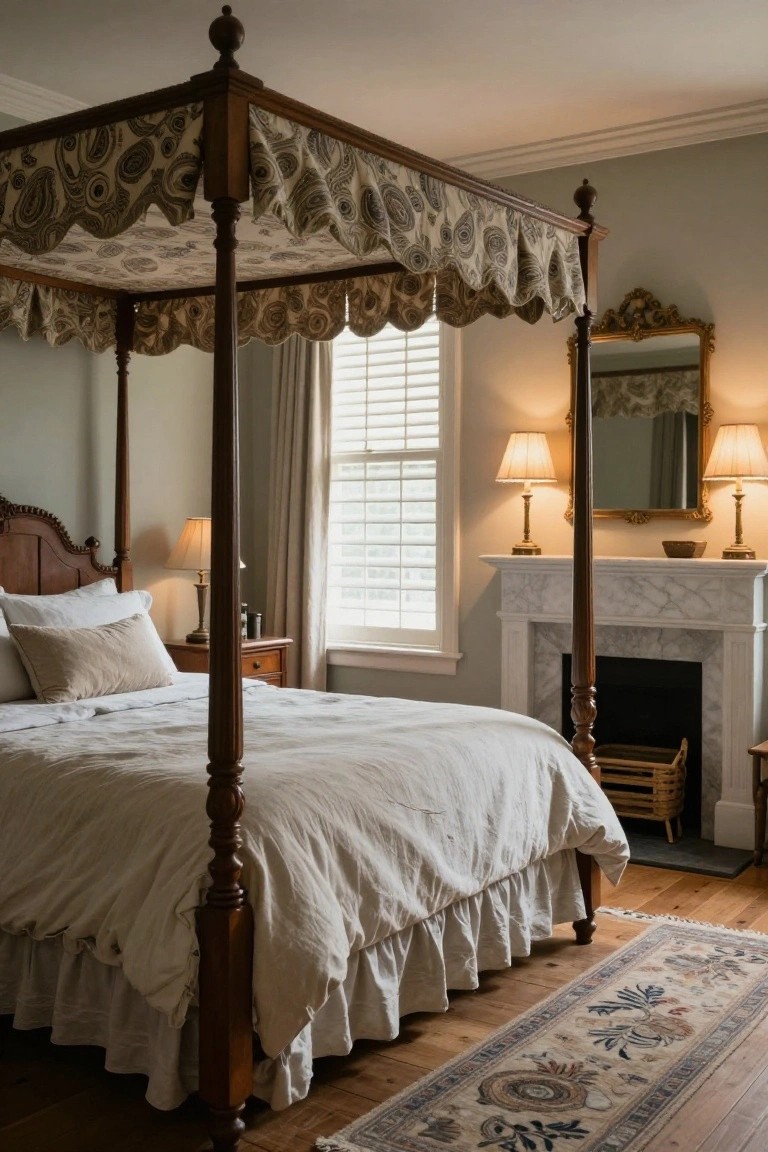 A light gray bedroom with a dark wood four-poster canopy bed draped in patterned fabric, white linens and pillows, marble fireplace, table lamps, and Persian-style rug on hardwood floors.