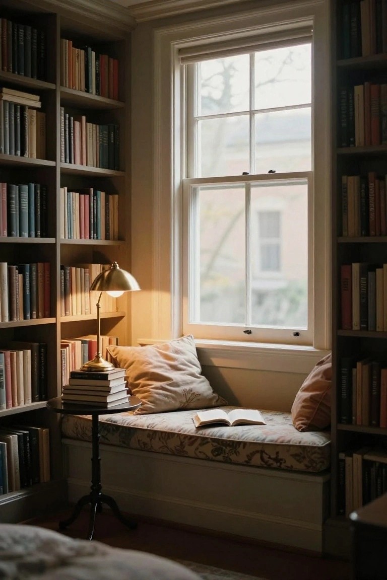 Corner window seat with floral cushions and an open book, surrounded by dark wood bookshelves filled with books, a brass lamp on a small round table, and natural light streaming through a large window.