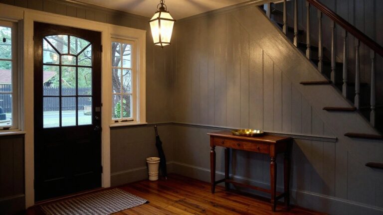24 Gorgeous English Colonial Interior Design Inspirations That Shine Light gray entry hall with arched openings, dark green front door with multiple glass panes, wooden staircase with white risers, hanging lantern light, antique console table holding a porcelain vase, and umbrella stand on hardwood floors.