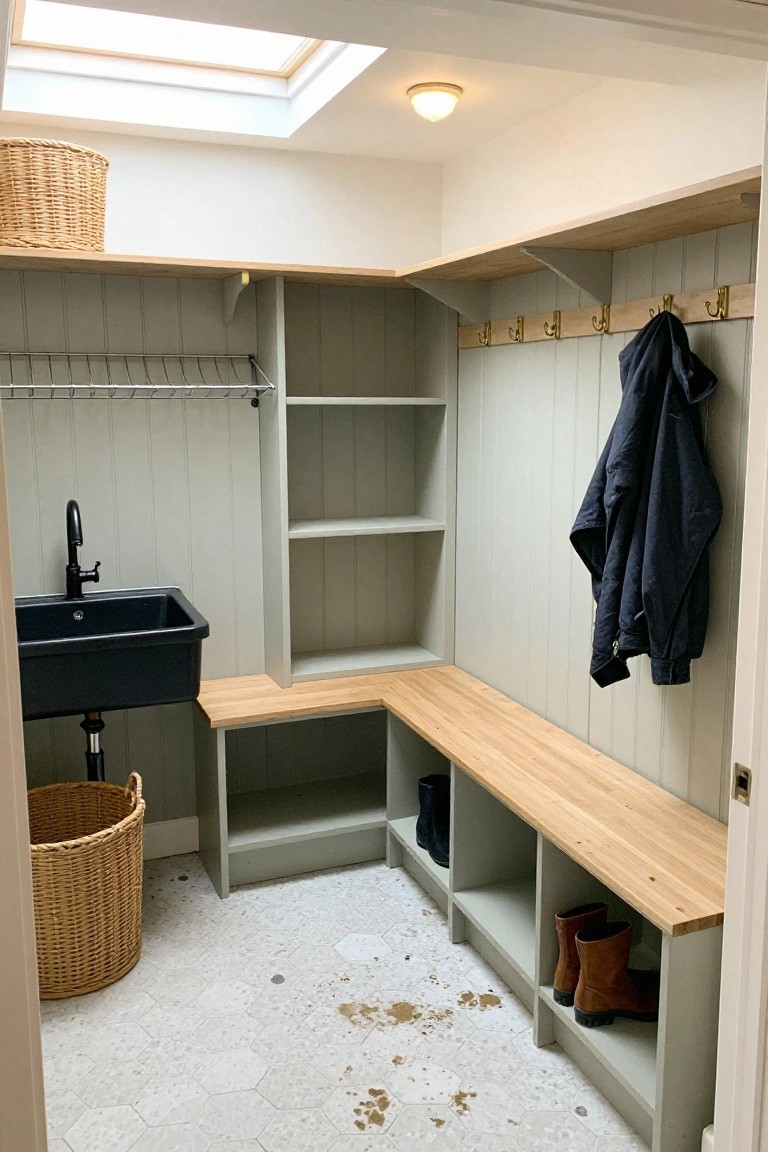 Small interior mudroom with light gray paneled walls, built-in open shelves holding wicker baskets, brass hooks with a dark coat, white utility sink on wooden shelf, bench with basket below, tall rubber boots on white hex tile floor, and white door.