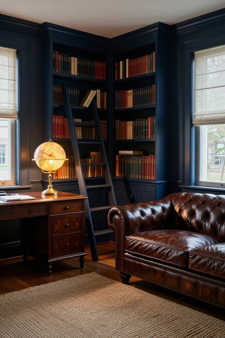 Corner room interior with navy-painted wood-paneled bookshelves, wooden desk topped with brass globe lamp and papers, brown leather tufted sofa, rolling library ladder, and windows with sheer shades.