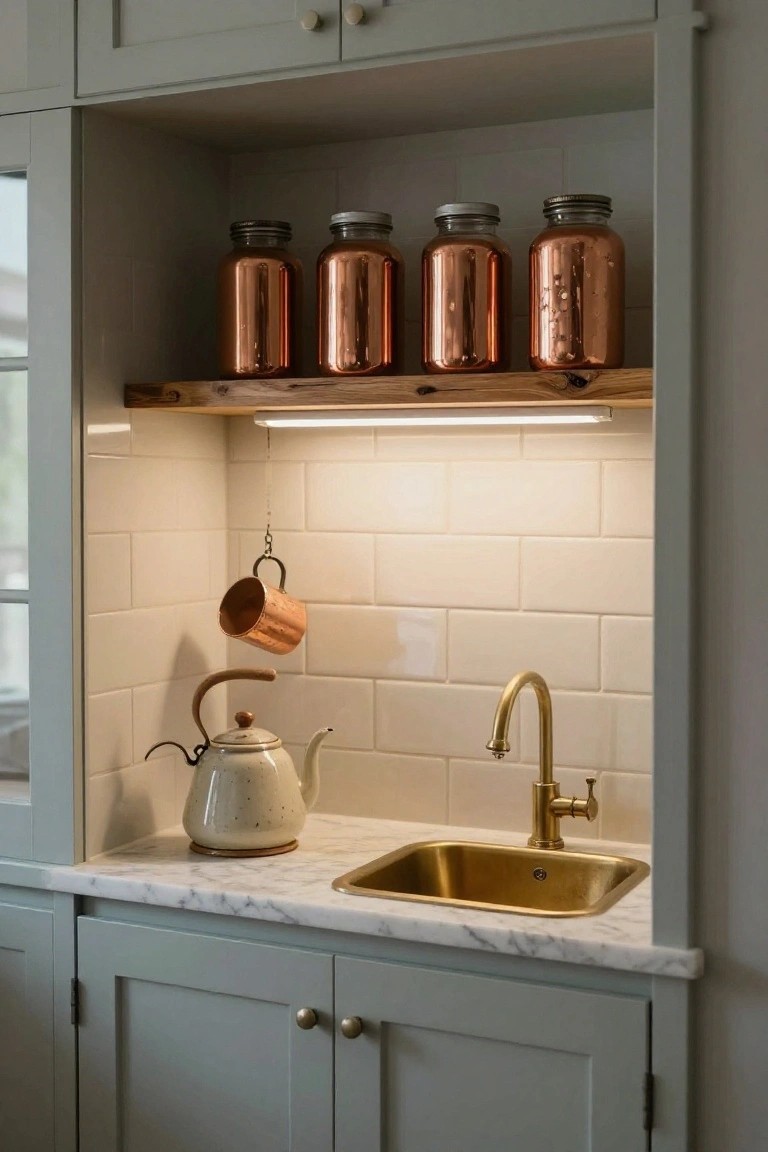 Kitchen niche with wooden shelf holding four copper jars under LED strip lighting, white subway tile backsplash, hanging copper mug and kettle, cream teapot on marble counter with gold faucet and sink, flanked by sage green cabinets.