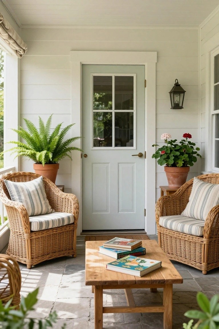 Screened porch with white shiplap walls, two wicker armchairs with striped cushions around a wooden coffee table holding stacked books, potted ferns and geraniums, and a light blue door with four-lite window.