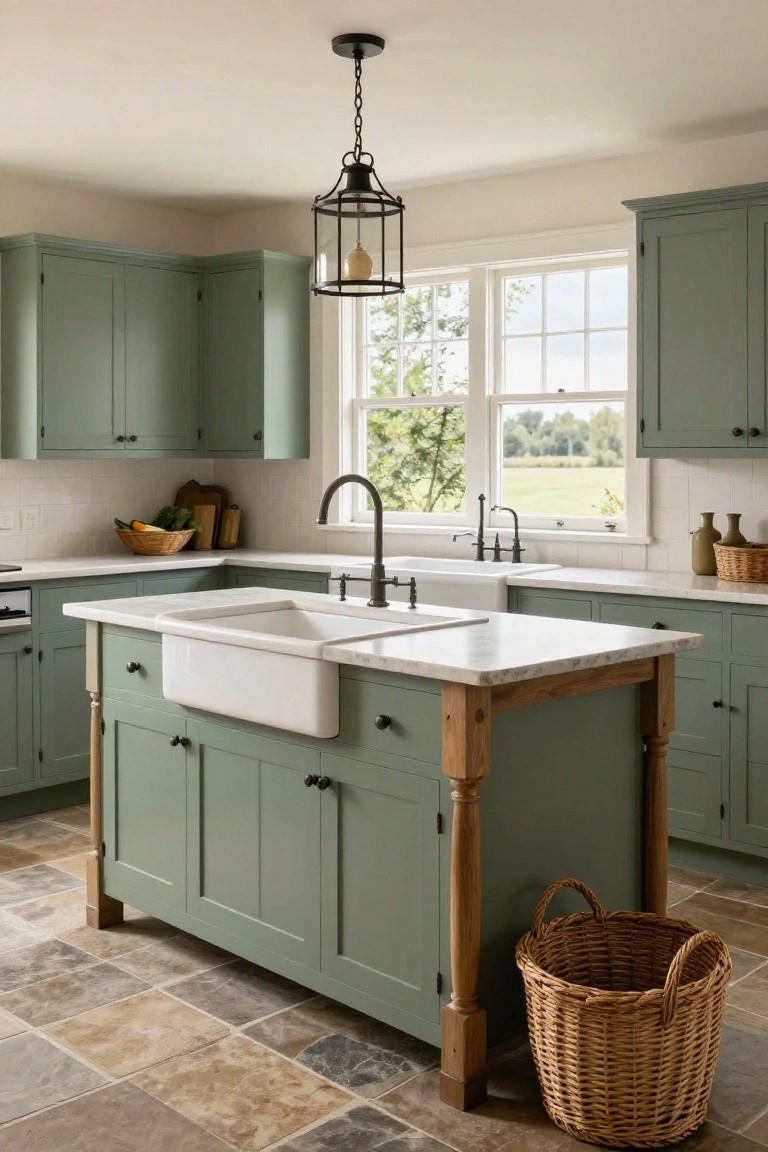 Kitchen interior featuring sage green shaker-style cabinets, a white farmhouse sink integrated into a wooden-legged island with marble countertop, white subway tile backsplash, and large windows overlooking green fields.