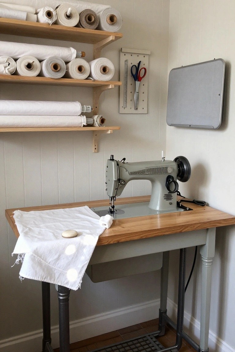 Corner of a sewing room with wooden shelves holding rolls of white fabric, a vintage gray sewing machine on an oak table draped with white fabric and a soap bar, pegboard with scissors and ruler, and a white ironing board on the wall.