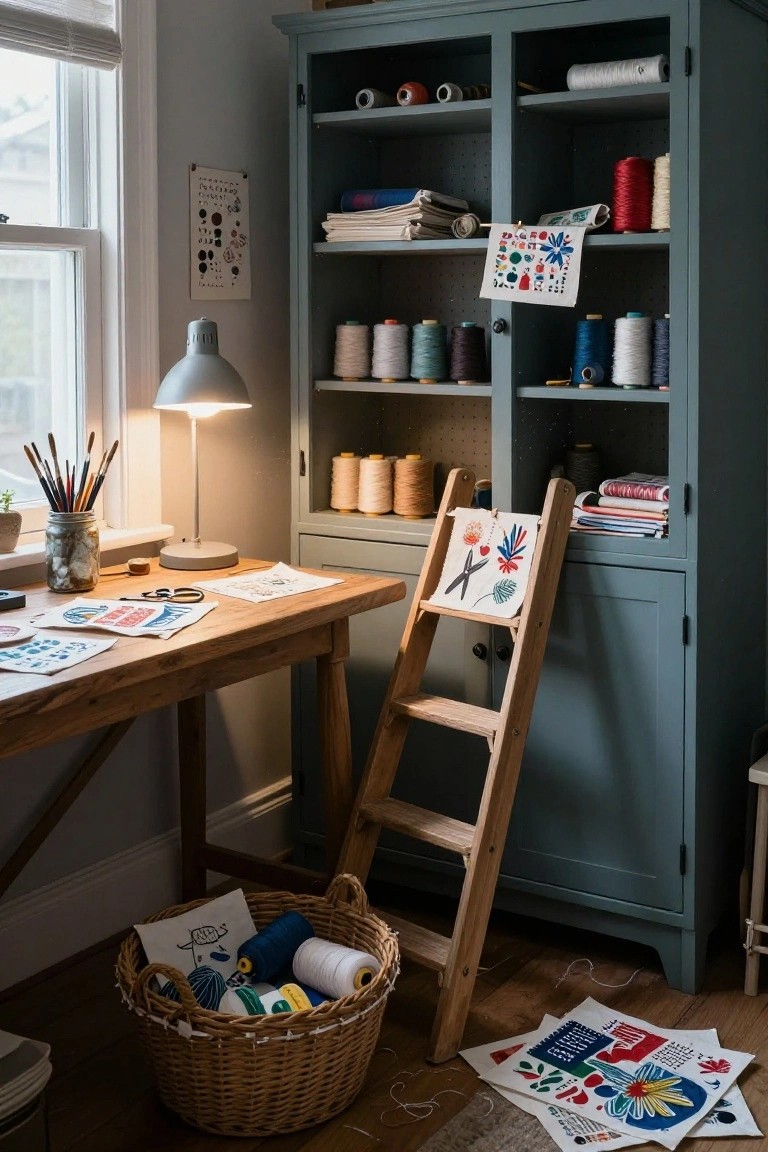 Tall teal cabinet with open shelves stocked with colorful thread spools, folded fabrics, books, and hanging tools on a pegboard back, beside a wooden desk with brushes, scissors, and fabric scraps in a cozy room with a wooden ladder and window.
