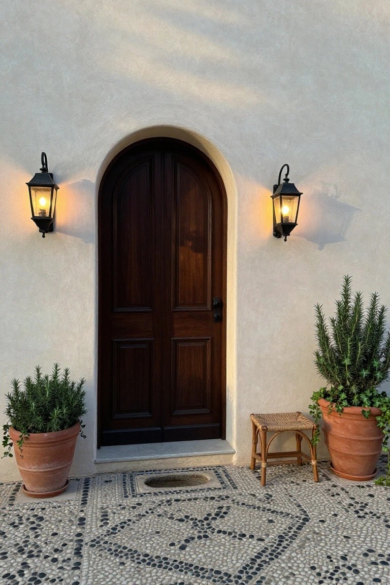 Arched dark wooden double door in white stucco wall flanked by black lanterns and potted rosemary and ivy plants on pebble patio with drainage grate.