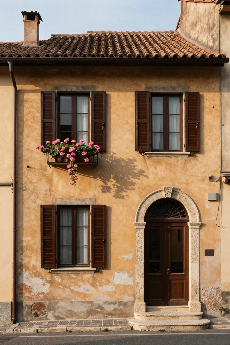 Two-story house exterior with ochre stucco walls, green wooden shutters on windows, pink geraniums in a metal window box, and an arched stone entryway with double wooden doors.