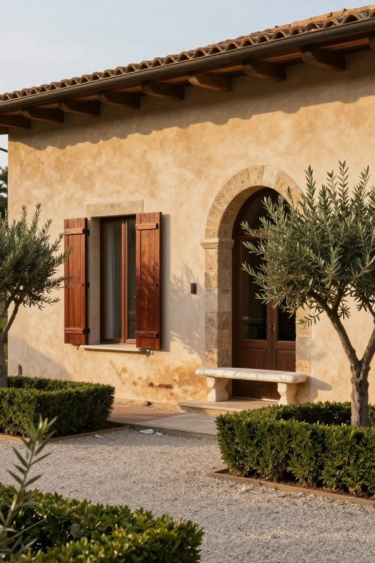 Beige stucco house wall with wooden shutters on a window, stone-arched wooden double doors, olive trees on either side, stone bench in front, boxwood hedges, and gravel path.
