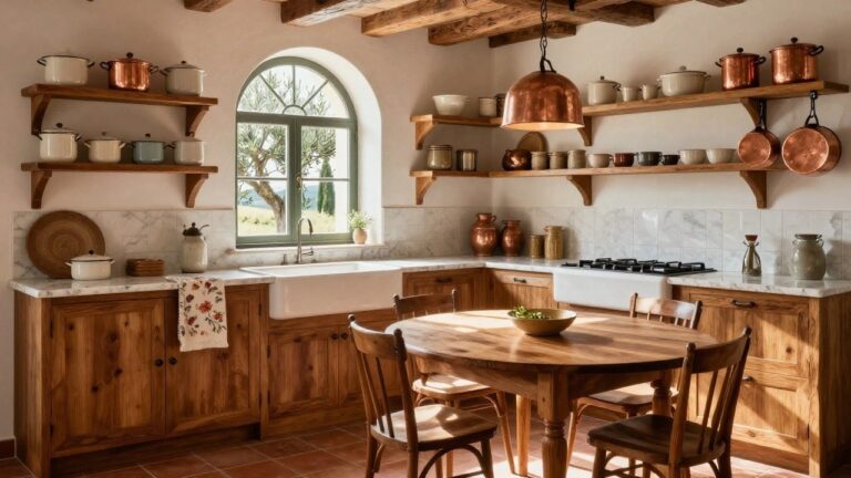 Rustic kitchen interior with exposed wooden beam ceiling, open wooden shelves holding pottery and cookware, copper pots hanging from beams, white farmhouse sink on marble counter, wooden round table with chairs, terracotta tile floor, and large green-shuttered window overlooking olive tree and fields.