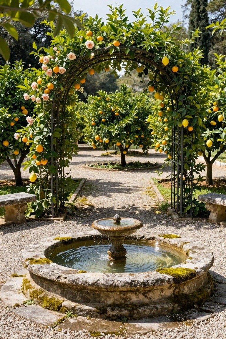 Iron garden archway covered in pink roses and clusters of oranges and lemons, amid lemon trees along gravel paths with a central stone fountain and nearby stone benches.