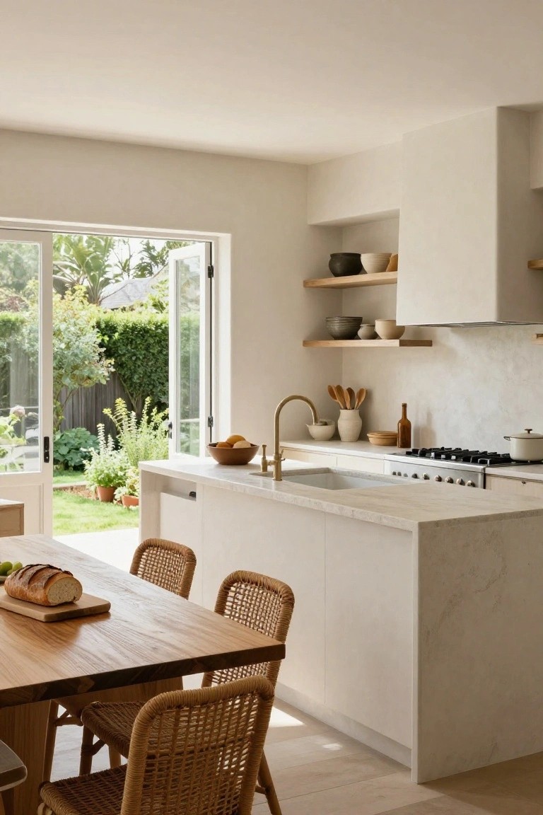 A bright white kitchen with a large central marble island holding a wooden dining table and rattan chairs, brass faucet at the sink, open French doors to a green garden, and ceramic pots on wooden shelves.