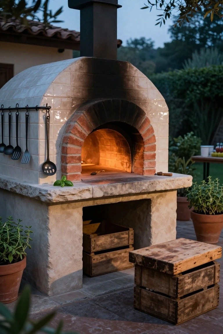 Stone and brick wood-fired pizza oven on a patio with glowing fire inside, hanging metal utensils, basil sprig on the ledge, wooden crates as seats, and potted plants around.