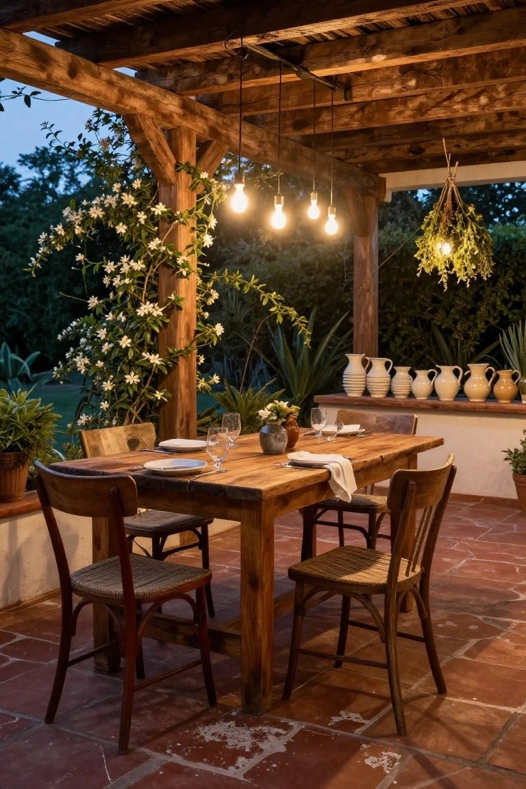 Wooden pergola covering a rustic dining table with chairs, wine glasses, plates, plants, and hanging bulb lights on a terracotta tiled outdoor patio surrounded by greenery and large clay pots.