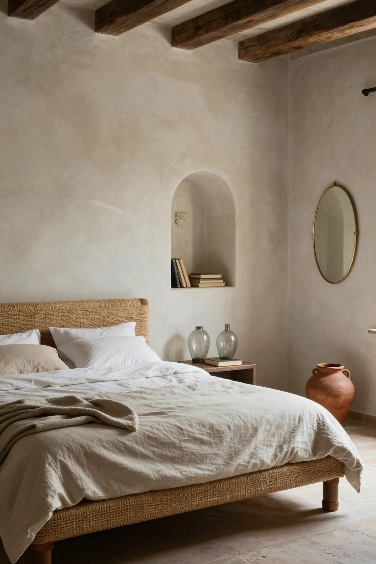 Bedroom with rattan-woven bed frame and headboard, white pillows and linens, nightstand holding glass vases and books, arched wall niche with stacked books, gold oval mirror, large terracotta pot on terracotta tile floor, whitewashed walls, and exposed wooden beam ceiling.