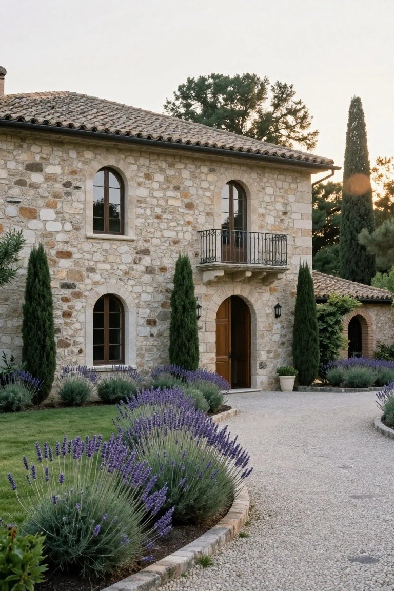 Stone house exterior featuring arched wooden entry door, balcony, terracotta tile roof, flanked by cypress trees and lavender borders along a curved gravel driveway.