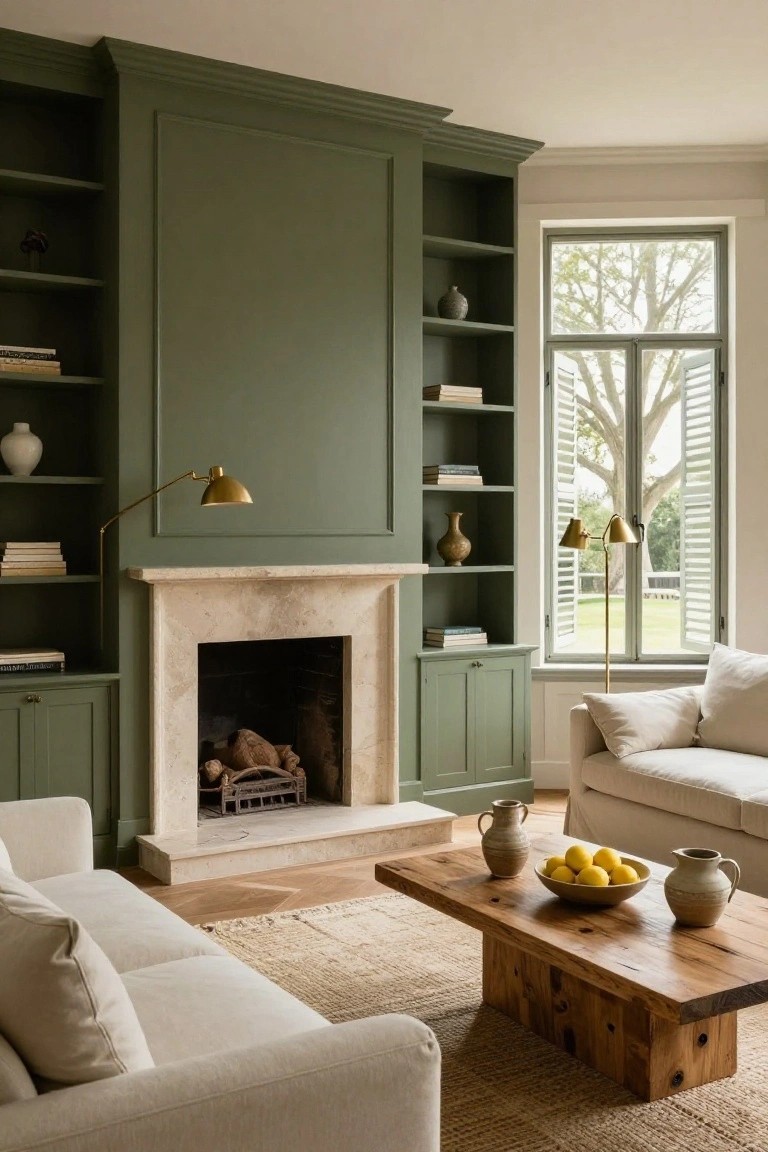 Living room featuring sage green painted built-in bookshelves and cabinets flanking a lit limestone fireplace, with a cream sofa, wooden coffee table holding lemons in a bowl, and a large window with green shutters overlooking a tree.