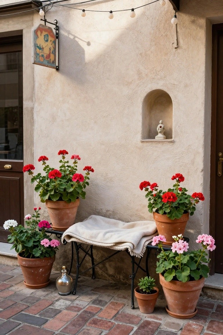 Rustic metal bench with folded white blanket outside a brown wooden door, surrounded by terracotta pots of red and pink geraniums against beige stucco wall with niche statue, string lights, and painted sign.