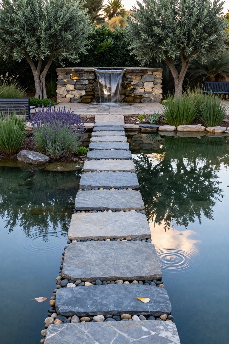 A pathway of irregular gray stone slabs steps across a turquoise pond, edged with pebbles and rocks, surrounded by olive trees, lavender plants, grasses, and a small stone waterfall.