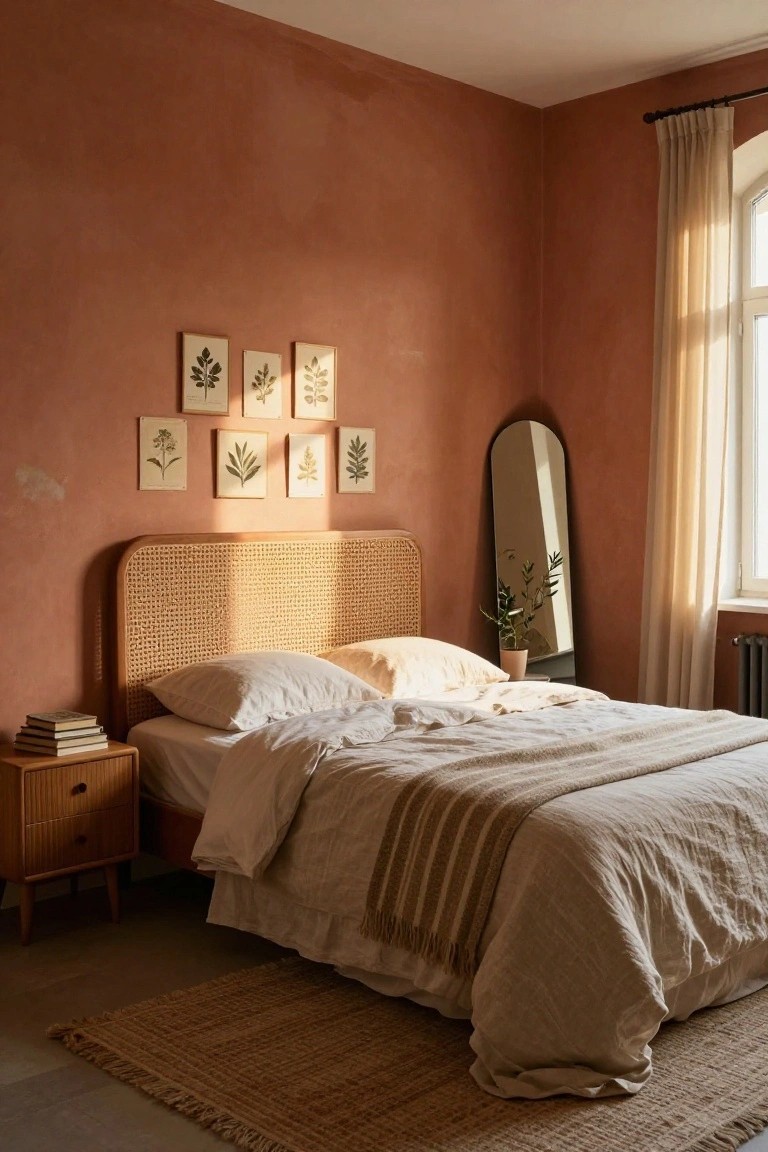 Bedroom with textured terracotta walls, rattan headboard bed with white linen bedding and striped throw, wooden nightstand holding stacked books, full-length arched mirror reflecting potted plant, sheer curtains on arched window, and seagrass rug.