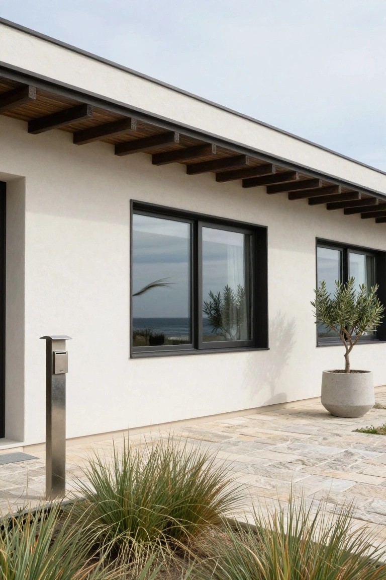 Exterior of a white stucco house featuring exposed dark timber beams under the roofline, large black-framed sliding windows overlooking the sea, a stainless steel postbox near the door, a potted olive tree, and ornamental grasses on a stone-paved terrace.