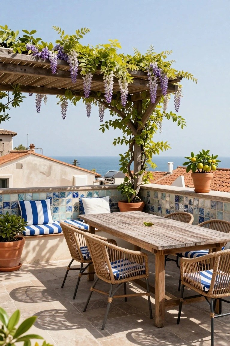 Balcony terrace dining area with wooden table, rattan chairs with blue cushions, under wooden pergola covered in purple wisteria vines, potted plants, blue tiled walls, and sea view.
