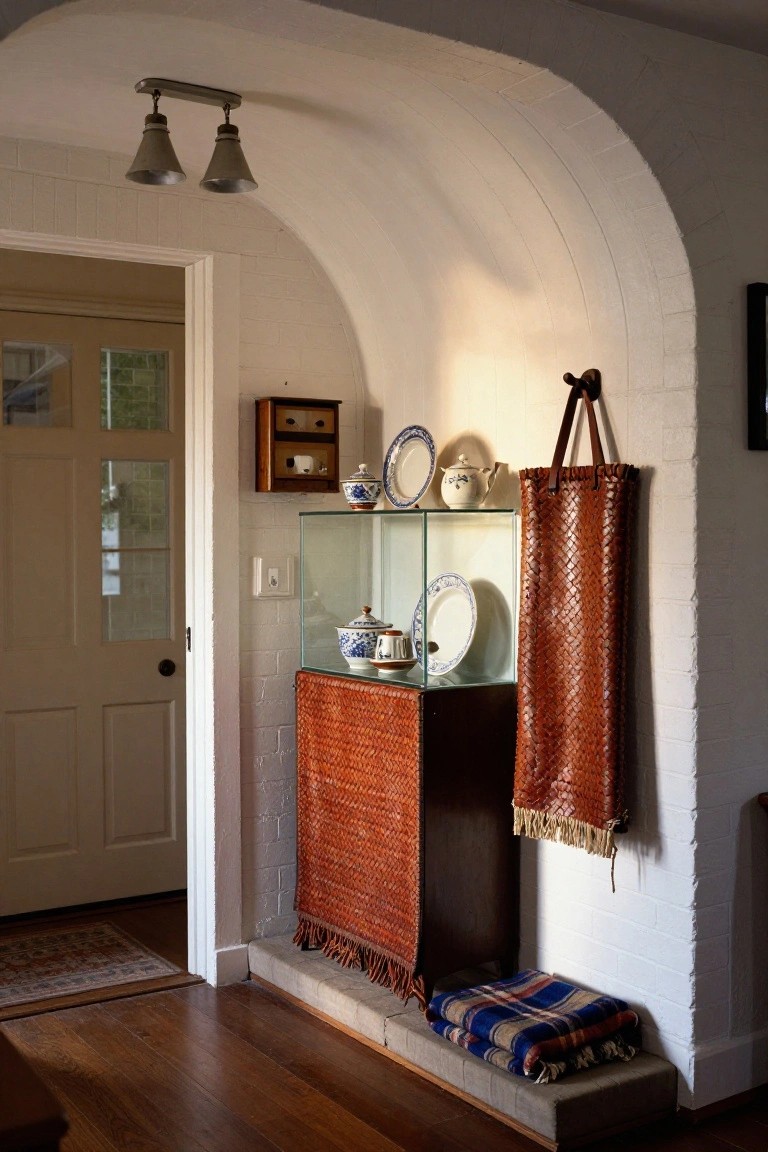 White arched alcove in an entryway with glass-fronted rattan cabinet displaying blue and white ceramics, wooden wall box above, hanging braided leather bag, open door to outside, and plaid blanket on low bench.