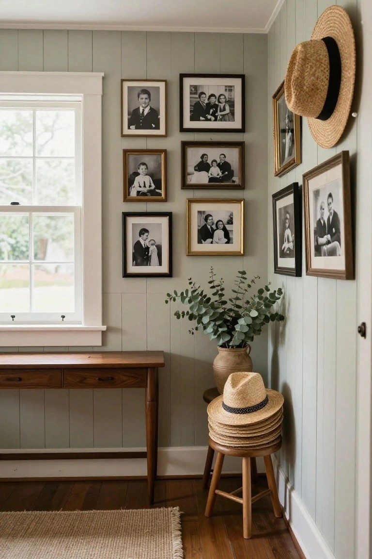 Corner of an interior room with pale green shiplap walls, a wooden console table, a stool with stacked straw hats, a terracotta vase of eucalyptus branches, and multiple framed black-and-white family photos arranged on the walls beside a white-framed window.