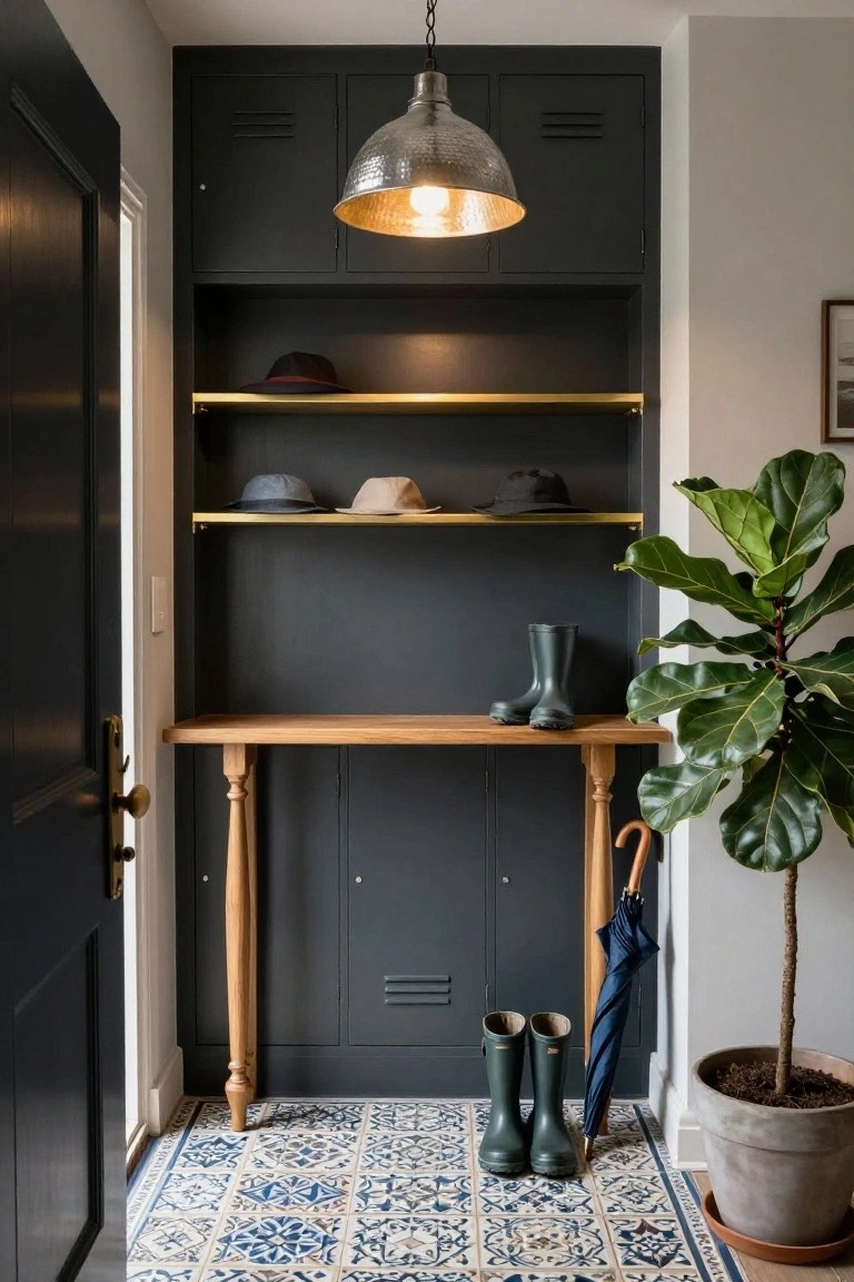Entryway with dark built-in cabinets featuring lockers, open shelves holding hats, a wooden console table displaying green wellies and a blue umbrella, blue and white patterned tile floor, and a tall fiddle leaf fig plant next to a black door.