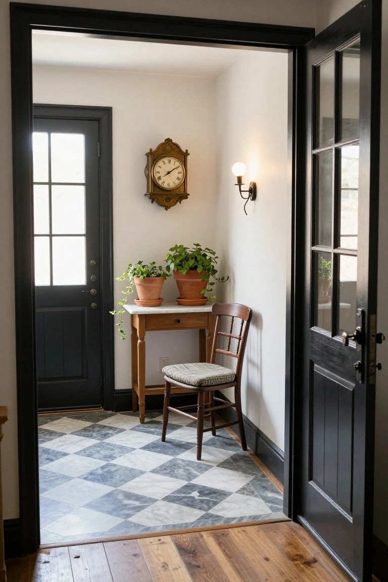 Home entryway interior with black-and-white checkered marble tile floor, wooden console table holding two terracotta potted plants, wooden chair with cushioned seat, antique wall clock, wall sconce, and dark wood doors.