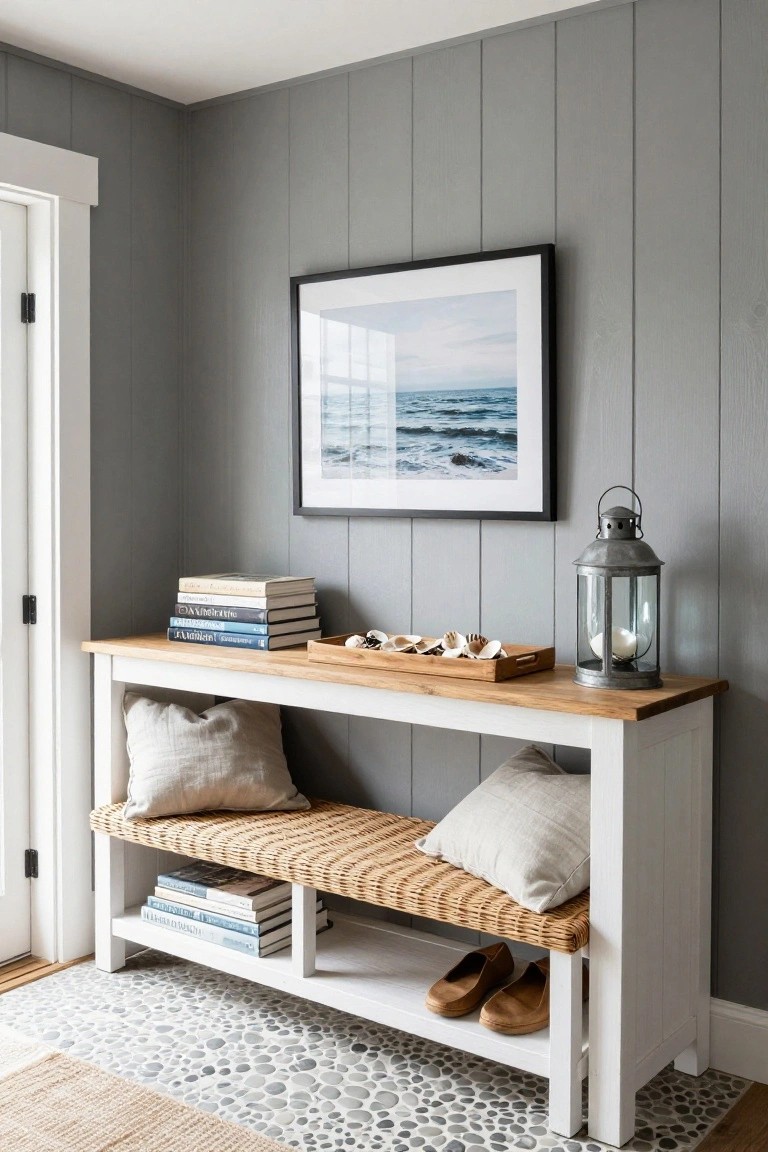 White wooden console bench with rattan seat cushions, stacked books, wooden tray of seashells, metal lantern, and shoes stored underneath, in a gray shiplap-walled entryway with pebble tile floor.