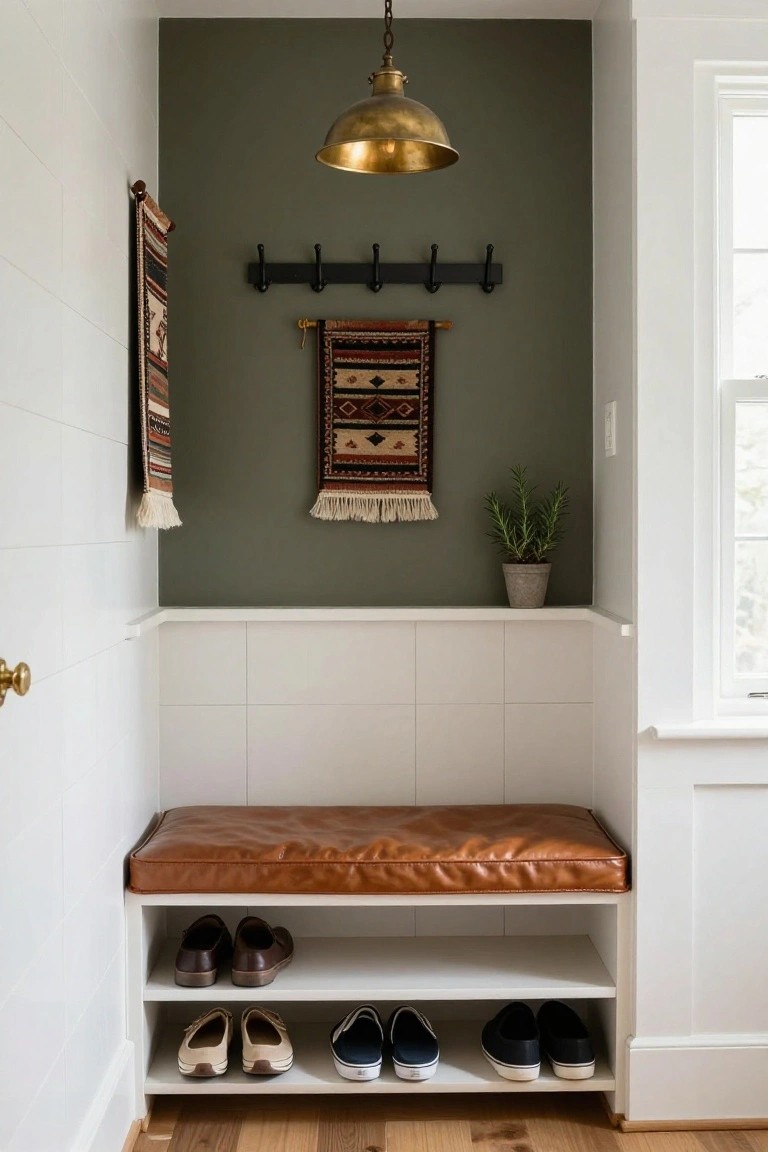 Small indoor entryway nook with white subway tile walls, sage green accent wall with black coat hooks, woven textile hangings, brass pendant light, cushioned bench with brown leather seat, shoes stored on shelves below, and potted rosemary plant on shelf.