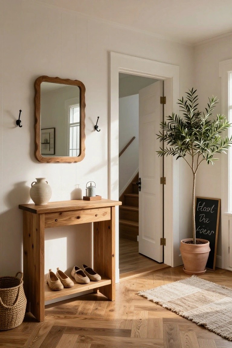 Wooden console table in a light entryway with shoes on the lower shelf, wavy mirror and hooks on the wall above, terracotta vase and olive tree nearby, chalkboard sign, and open door to stairs on hardwood floors.