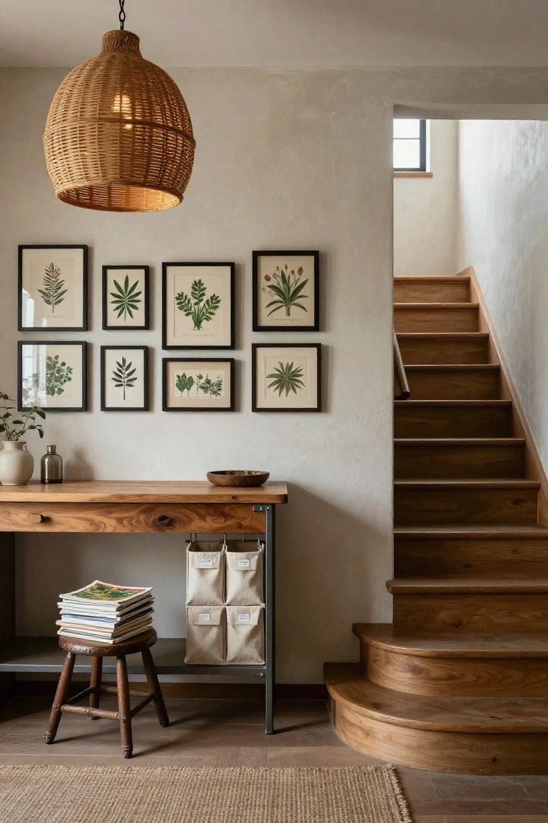 Entryway interior with rattan pendant light, grid of black-framed botanical leaf prints on white wall above wooden console table with metal legs and canvas bins, wooden stool, and curved wooden staircase.