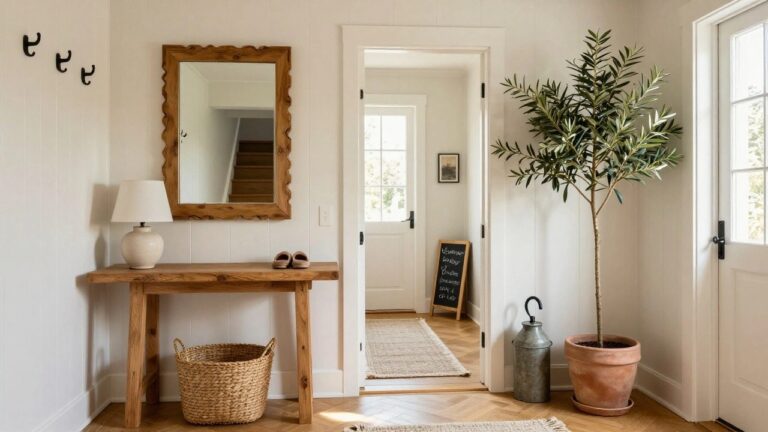 Wooden console table in a light entryway with shoes on the lower shelf, wavy mirror and hooks on the wall above, terracotta vase and olive tree nearby, chalkboard sign, and open door to stairs on hardwood floors.
