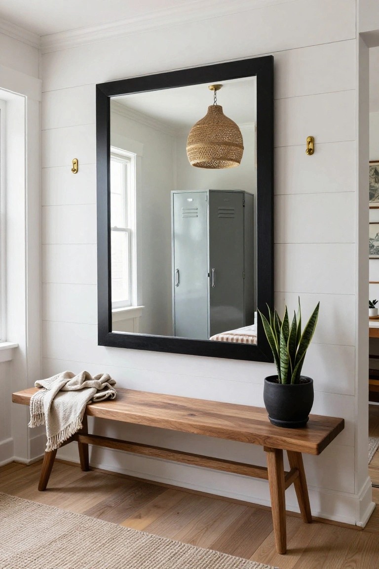 Entryway with large rectangular black-framed mirror mounted on white shiplap wall above wooden bench draped with beige throw blanket, black potted snake plant on bench, woven pendant light, and gray metal locker reflected in mirror.