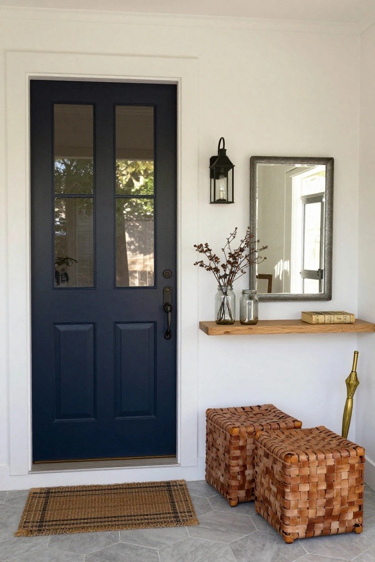 Navy blue double front door with glass panels in a white entryway, next to a floating wood shelf holding jars, dried branches, a book, and a gold lamp; a metal-framed mirror, black lantern light fixture, and two tan woven cube stools on gray hexagonal tile floor with a woven doormat.